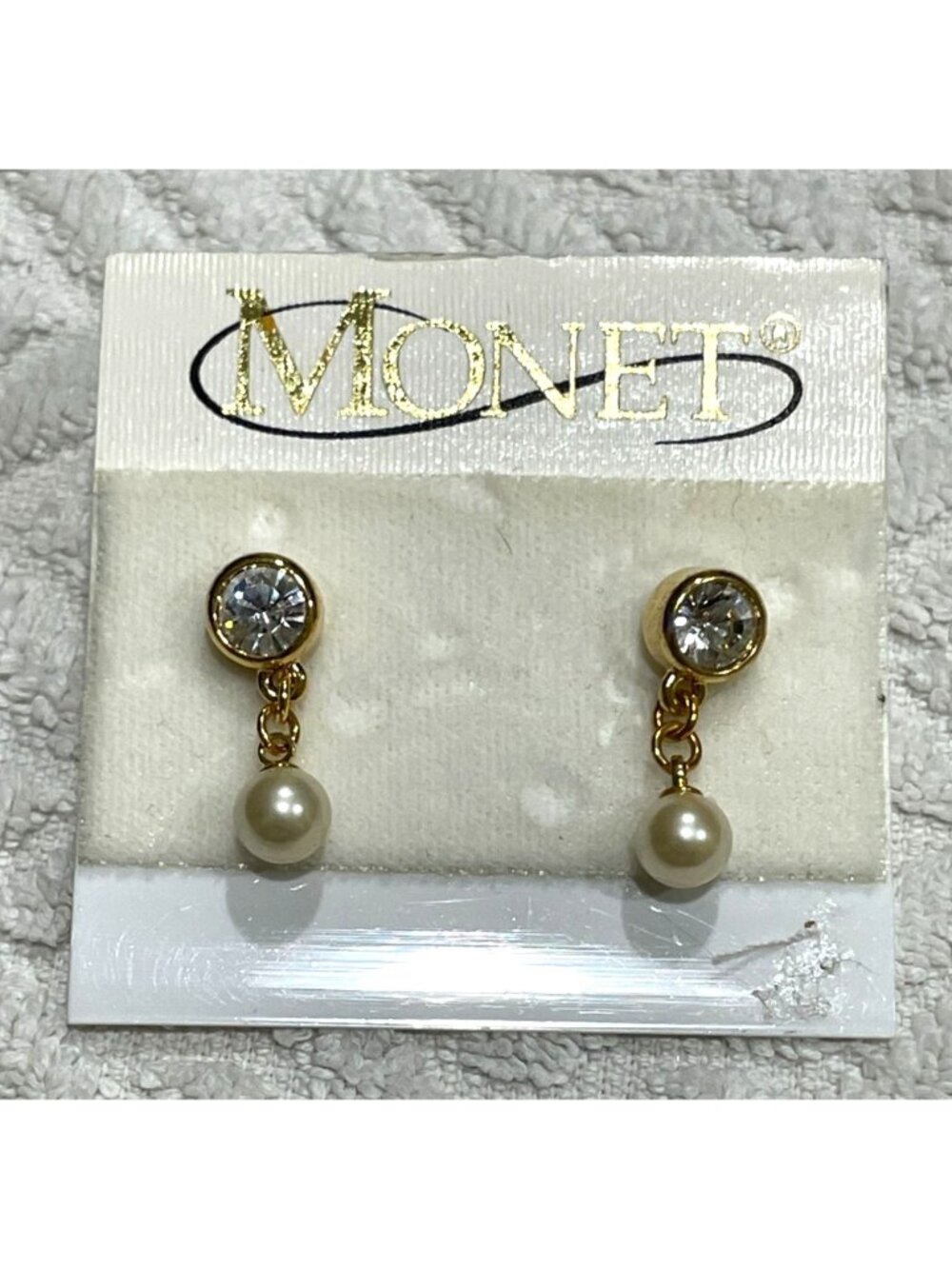 New Vintage Monet Gold Crystal Stud & Pearl Drop "RepliKate" Earrings 0.75"